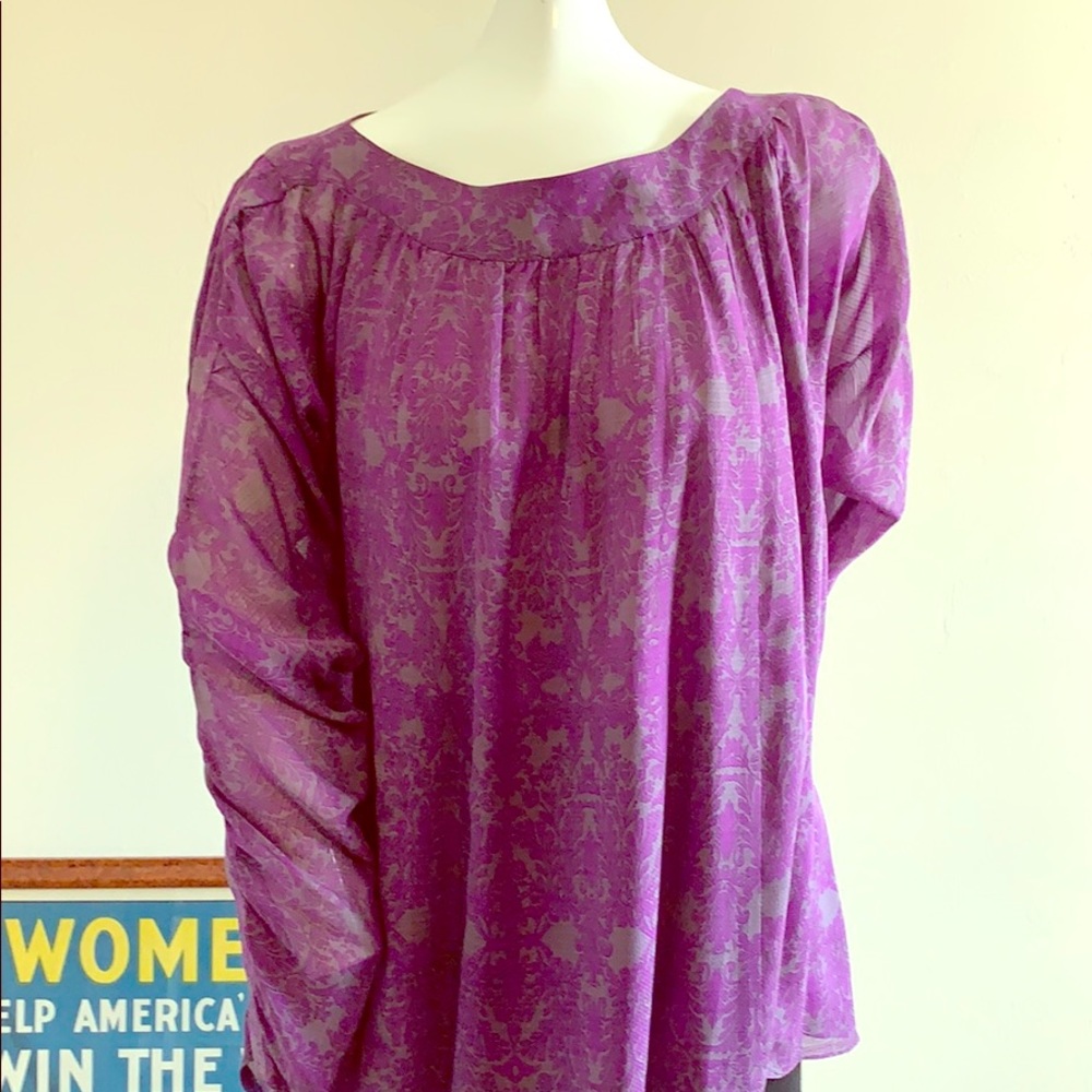 NANETTE LEPORE 100% Silk Oversized Ruched Long Sleeve Boat Neck Tunic Top S EC